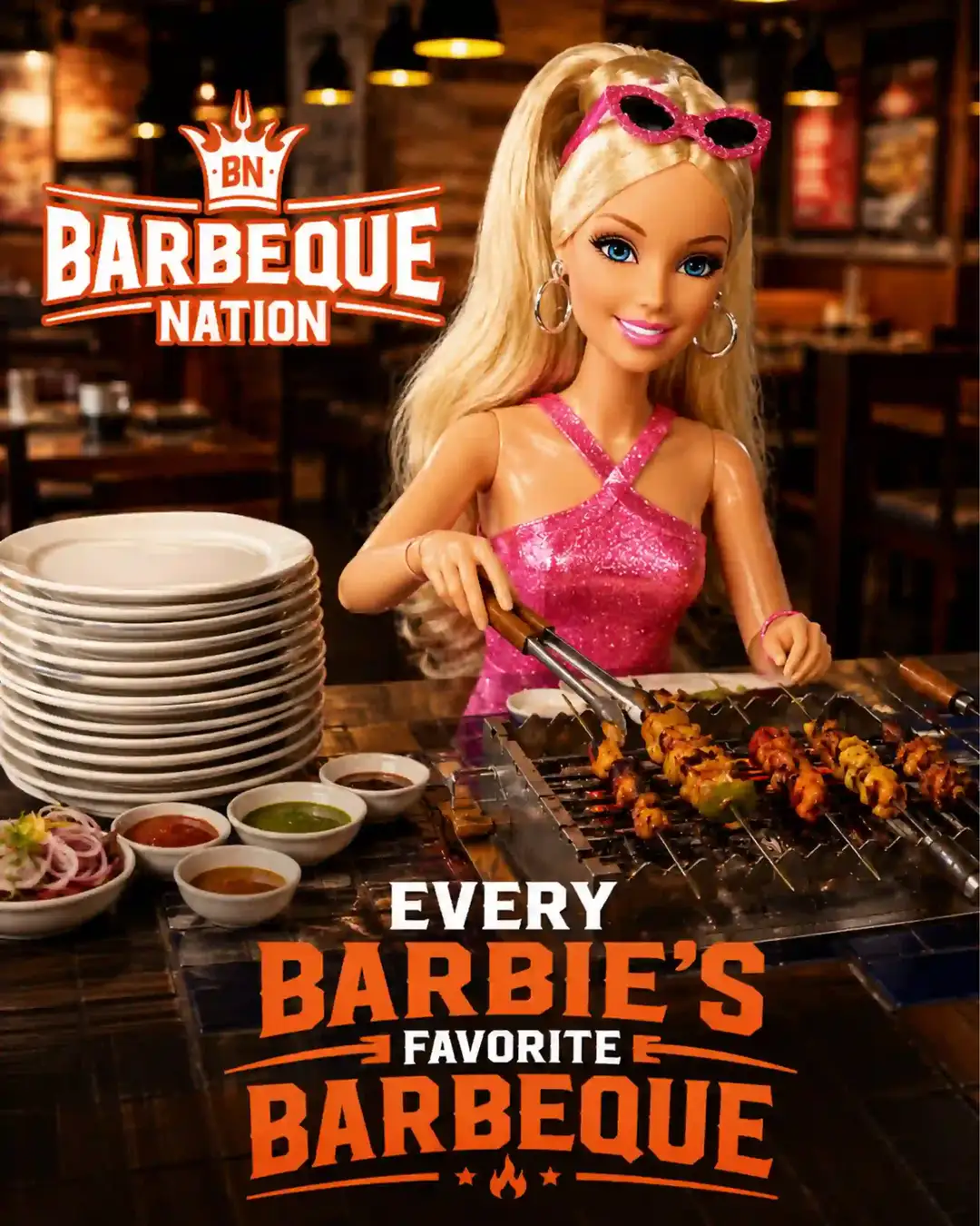 Barbeque Nation topical ad: doll grilling skewers at the table