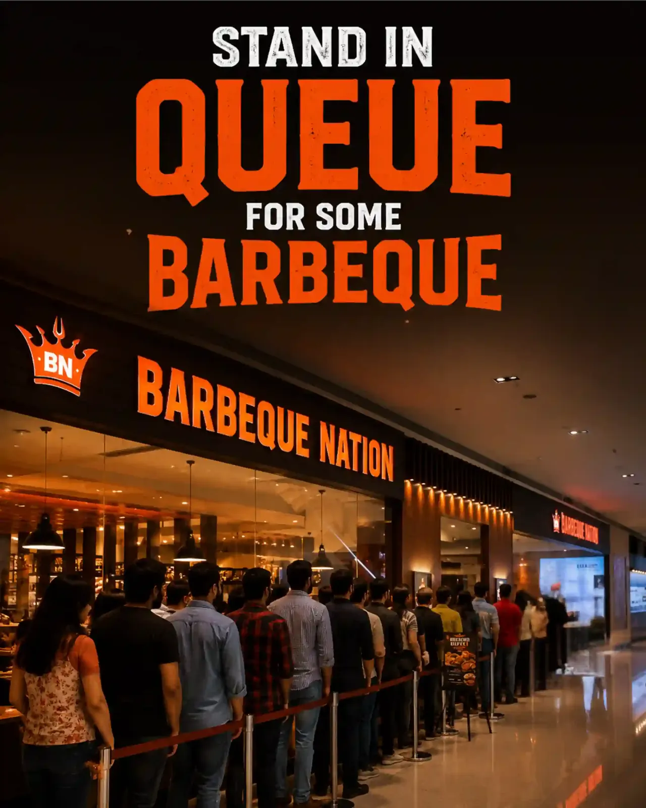 Barbeque Nation concept ad: long queue outside the restaurant