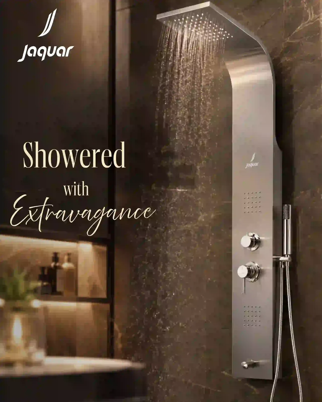 Jaquar concept ad: luxury shower panel in a dark marble bathroom