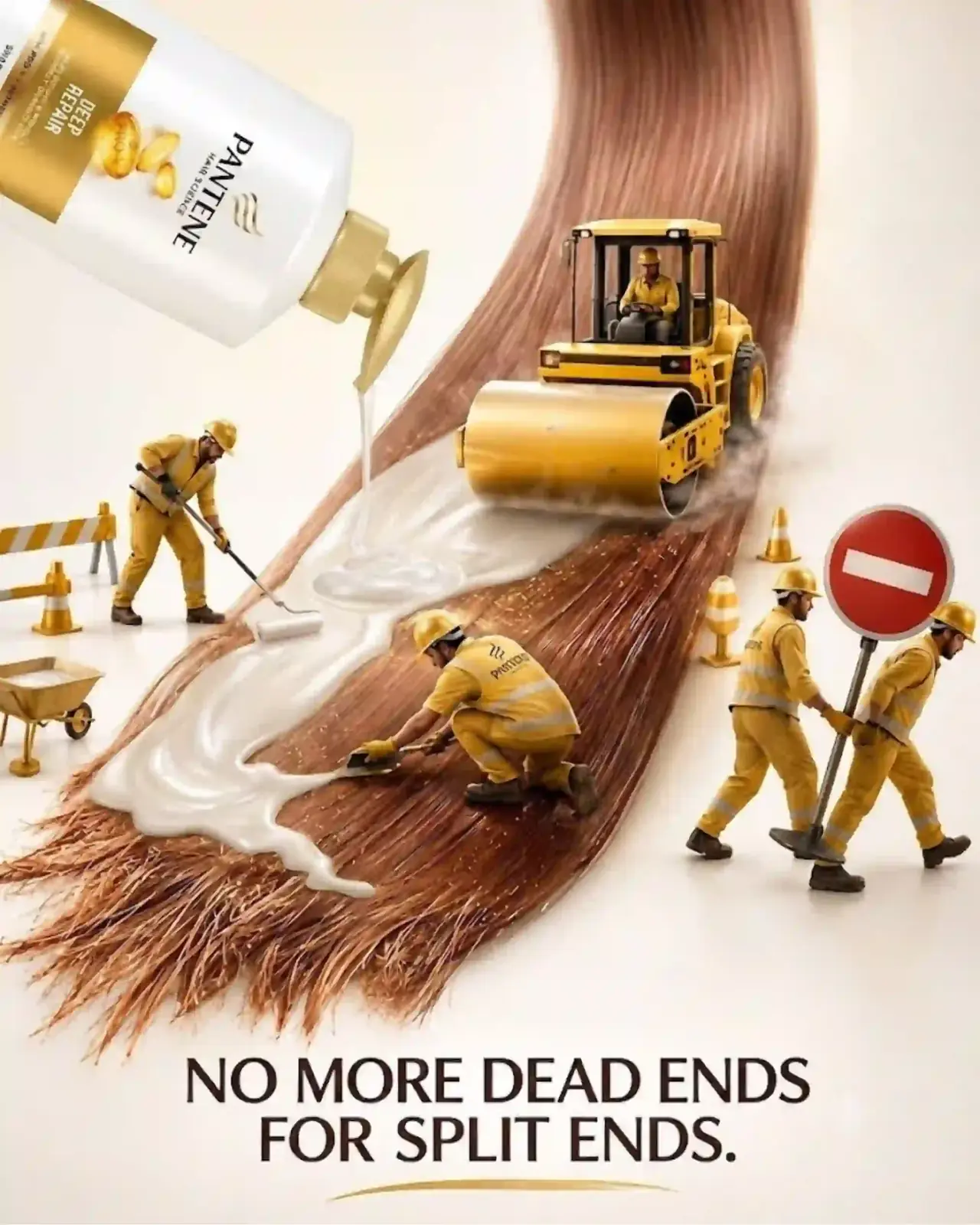Pantene concept ad: tiny road workers repairing a strand of hair