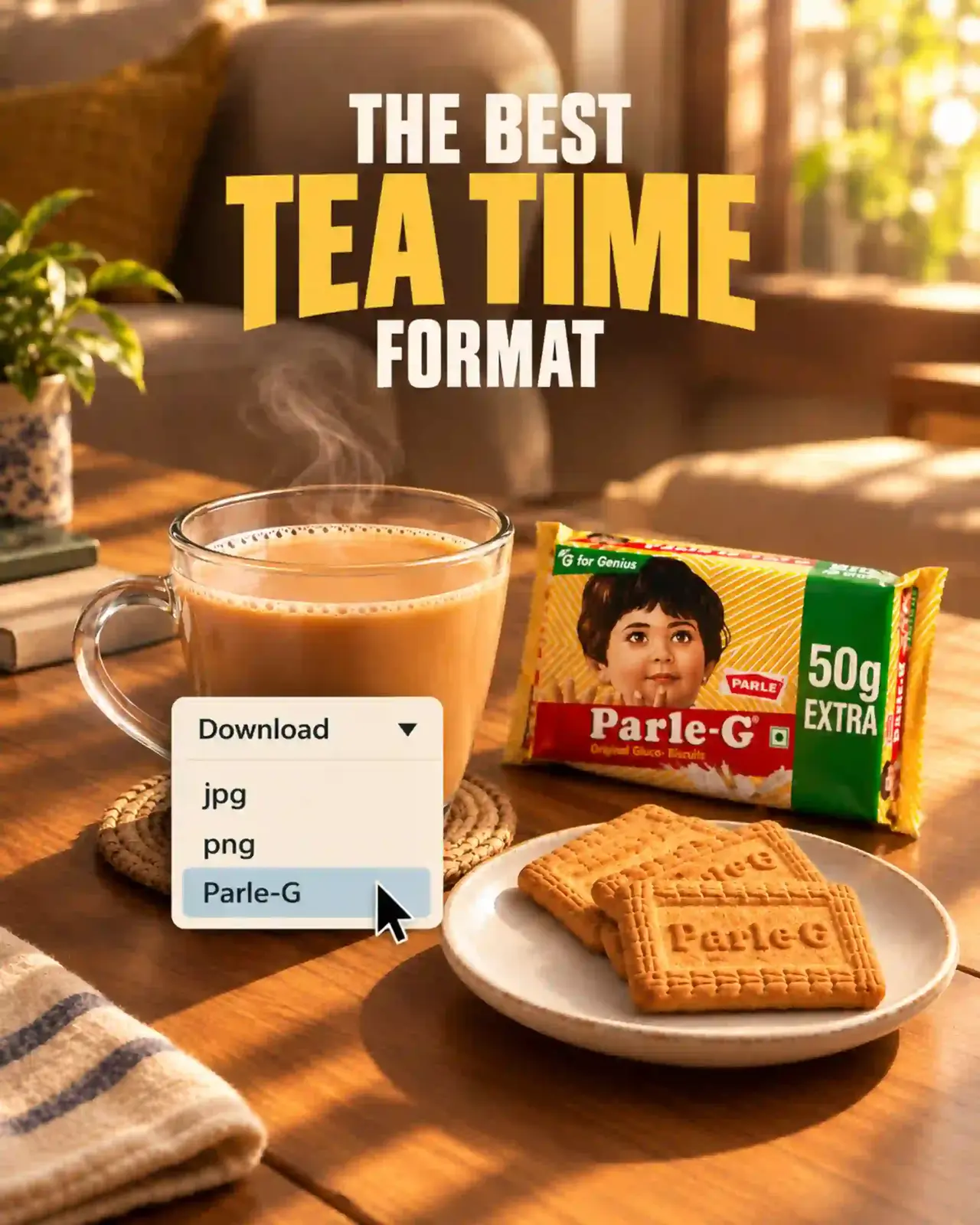 Parle-G concept ad: tea and biscuits with a download menu showing Parle-G