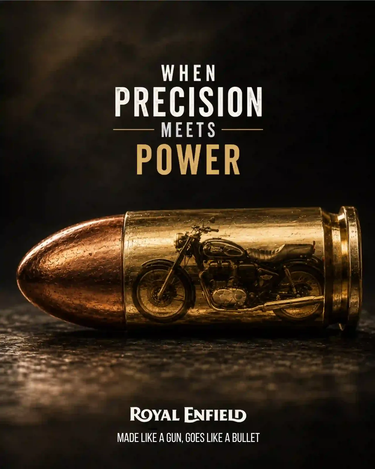 Royal Enfield concept ad: motorcycle engraved on a brass bullet