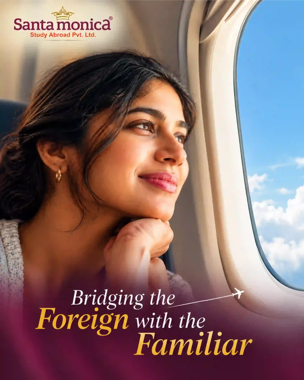 Santa Monica concept ad: student smiling at an aeroplane window
